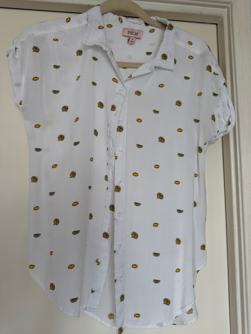 Per Se White Button-Down Shirt with Yellow and Green Dot Print